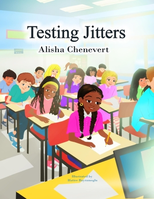 On the cover of the picture book is a classroom. A variety of children are sitting at desks with papers in front of them and pencils in hand. In the center of the picture is a girl with braided pigtails, a bright pink shirt, and brown skin. 