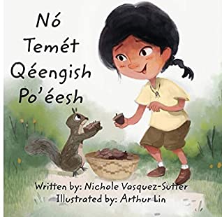 A little girl in a t-shirt and shorts offers an acorn to a little gray squirrel. The little girl has dark hair pulled back into a braid. She is smiling at her friend. The squirrel is also looking up at the girl as he holds more acorns. Between them is a basket full of acorns. They stand in a meadow with grass and small yellow flowers. 