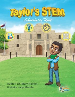 A little boy dressed in a cowboy outfit stands on a lawn in front of the Alamo. He has his arms crossed over his chest is is looking up at the title of the book which is over the Alamo in the sky. 